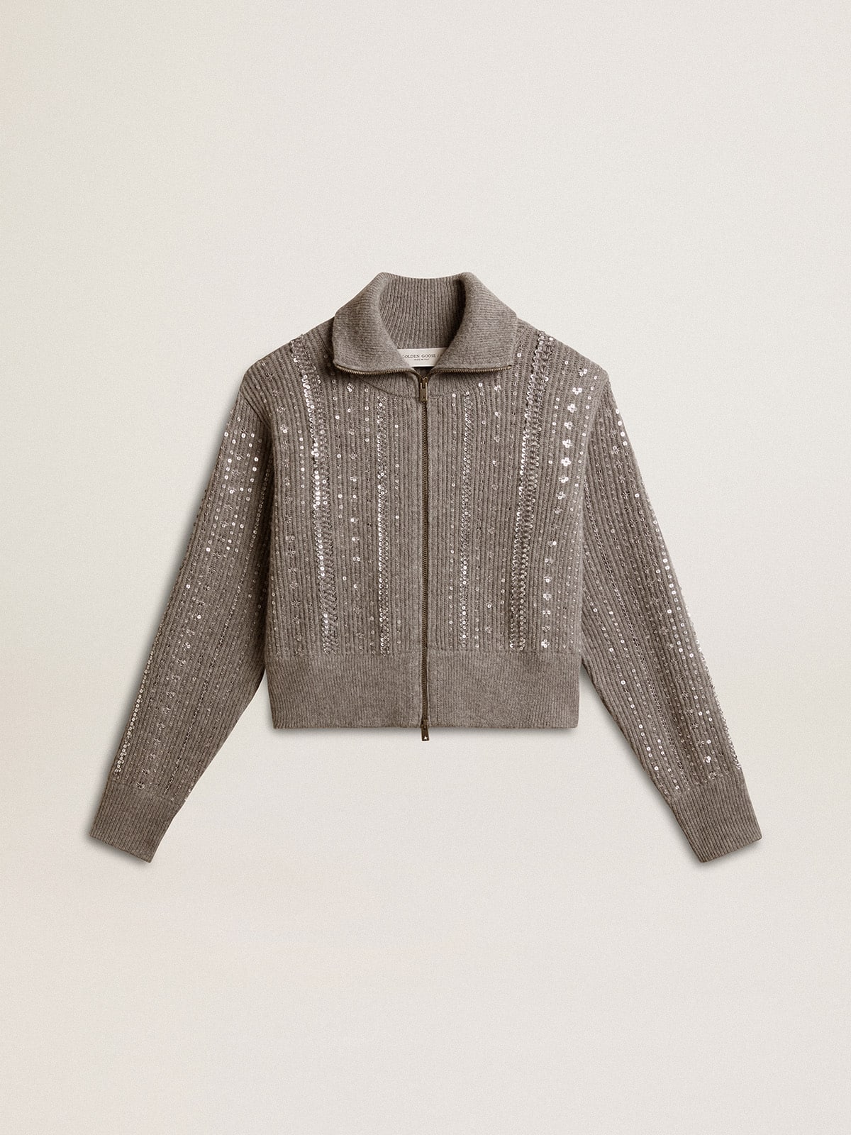 Women's cropped sweater in gray melange wool with sequins