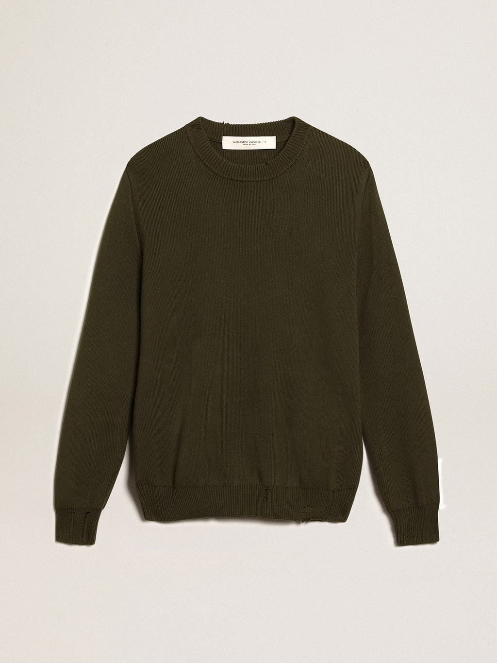Men's round-neck sweater in military green cotton| Golden Goose