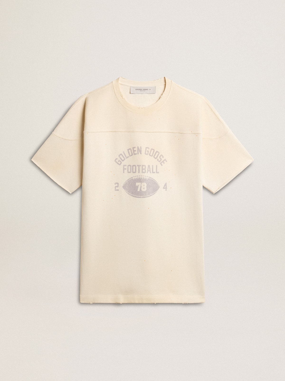 Men's cotton T-shirt in vintage white with raw edge on the front