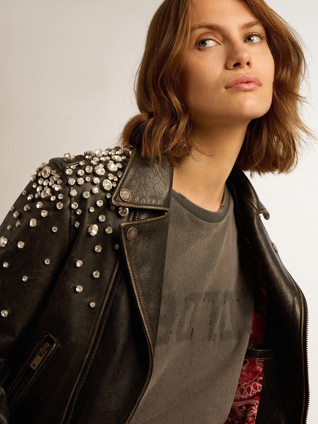 Women's leather biker jacket with crystals| Golden Goose