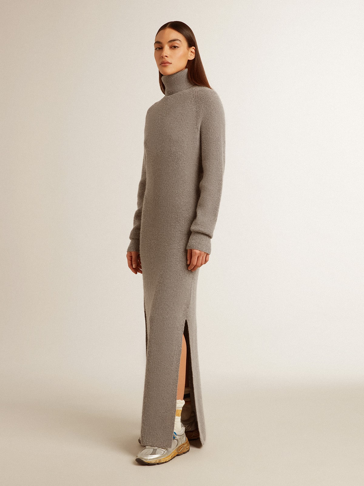 Gray melange ribbed woolen dress with high neck