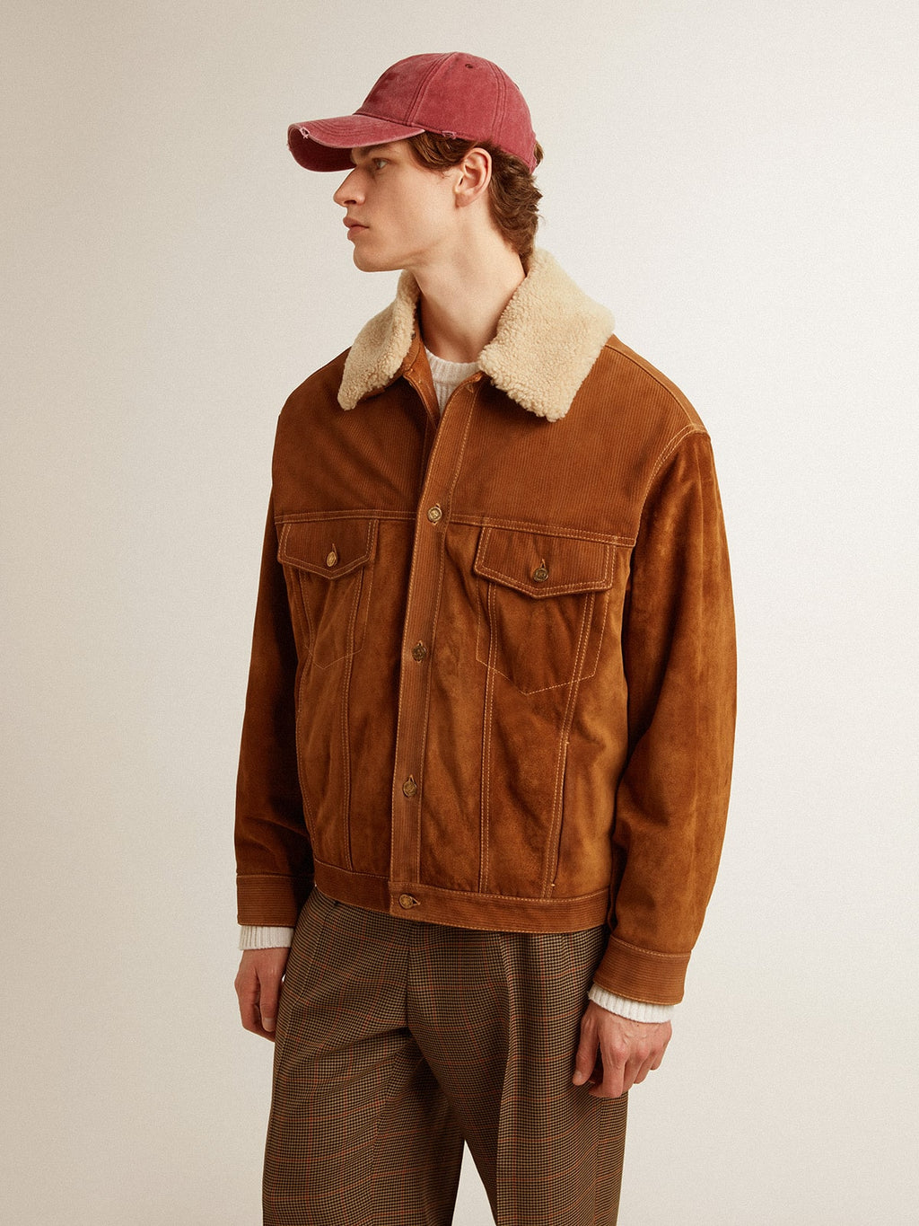 Men's jacket in tobacco-colored split leather with a shearling collar