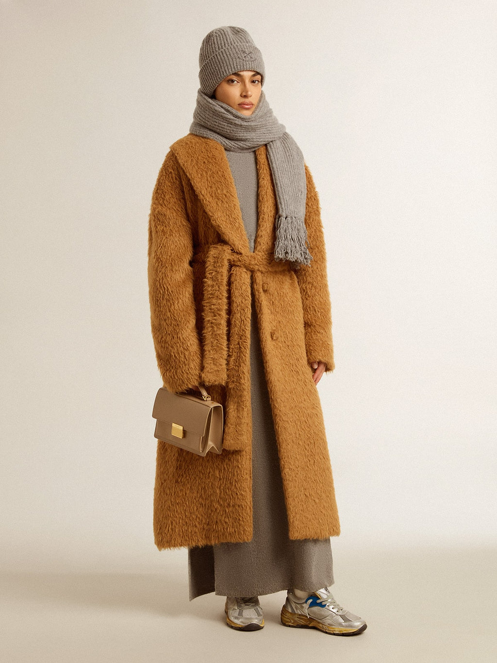 Gray melange ribbed woolen dress with high neck