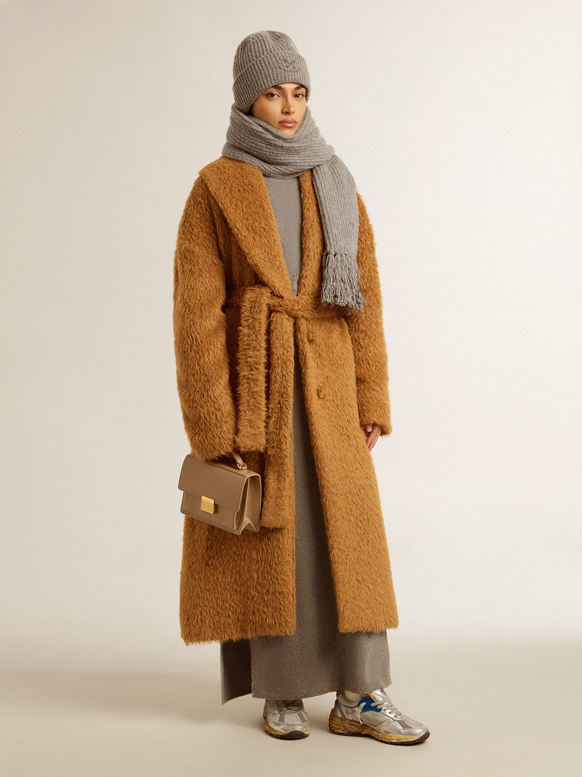 Gray melange ribbed woolen dress with high neck