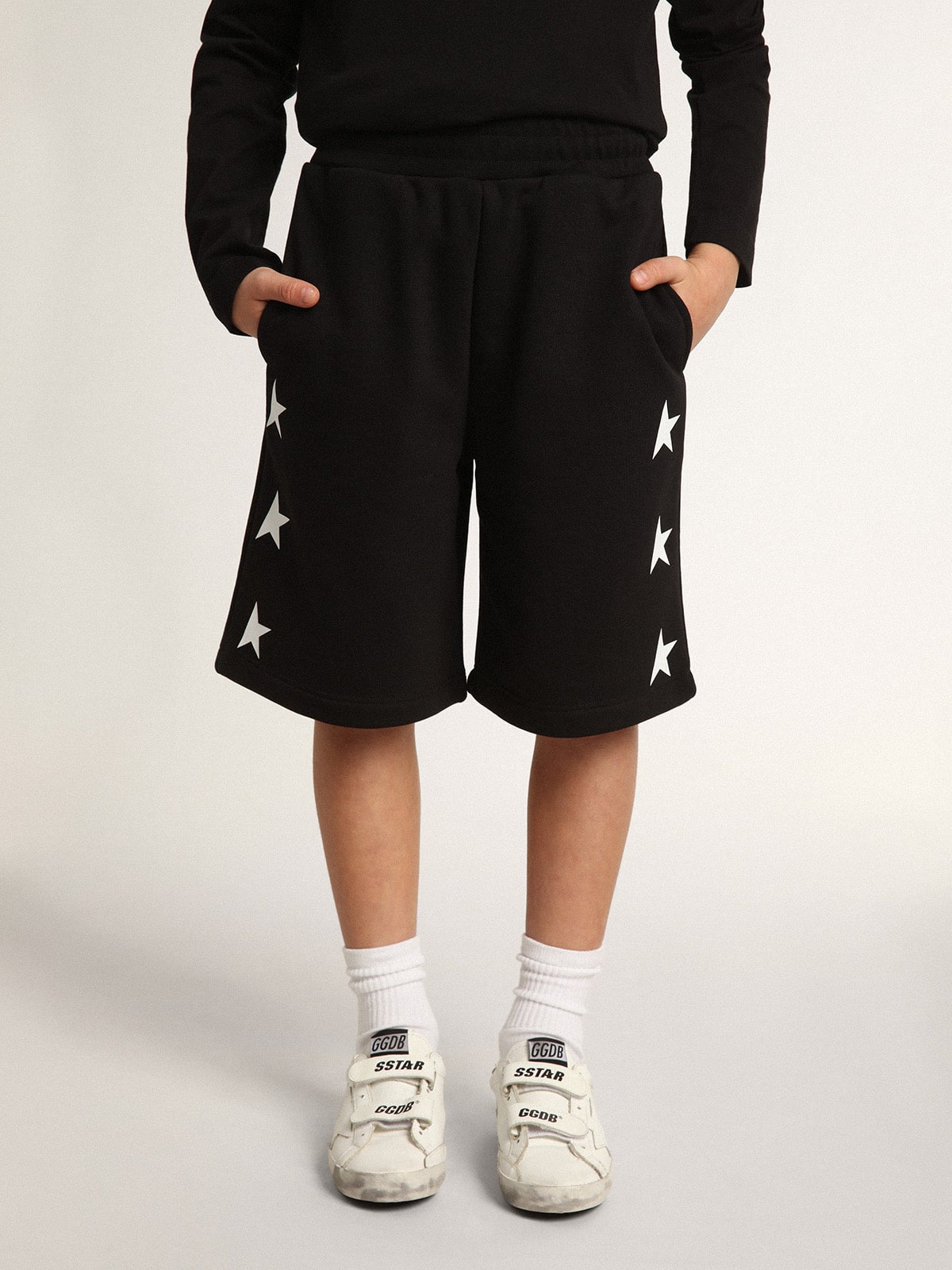 Boys' black Bermuda shorts with white stars| Golden Goose