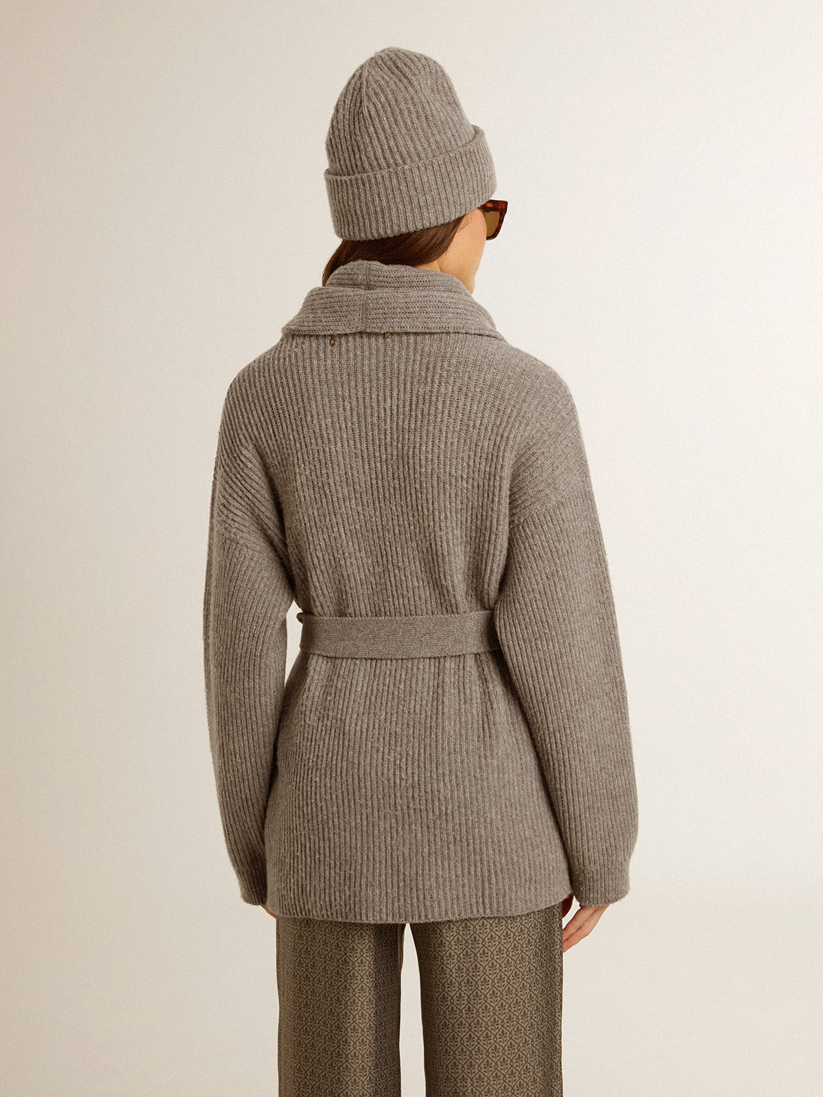 Women's cardigan in gray melange wool with embroidery on the front