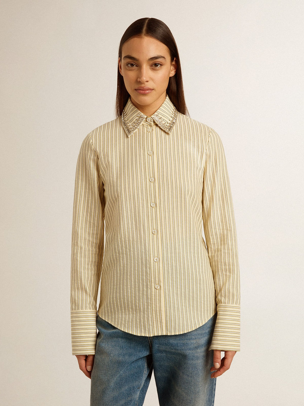 Ecru shirt with stripes and embroidered crystals
