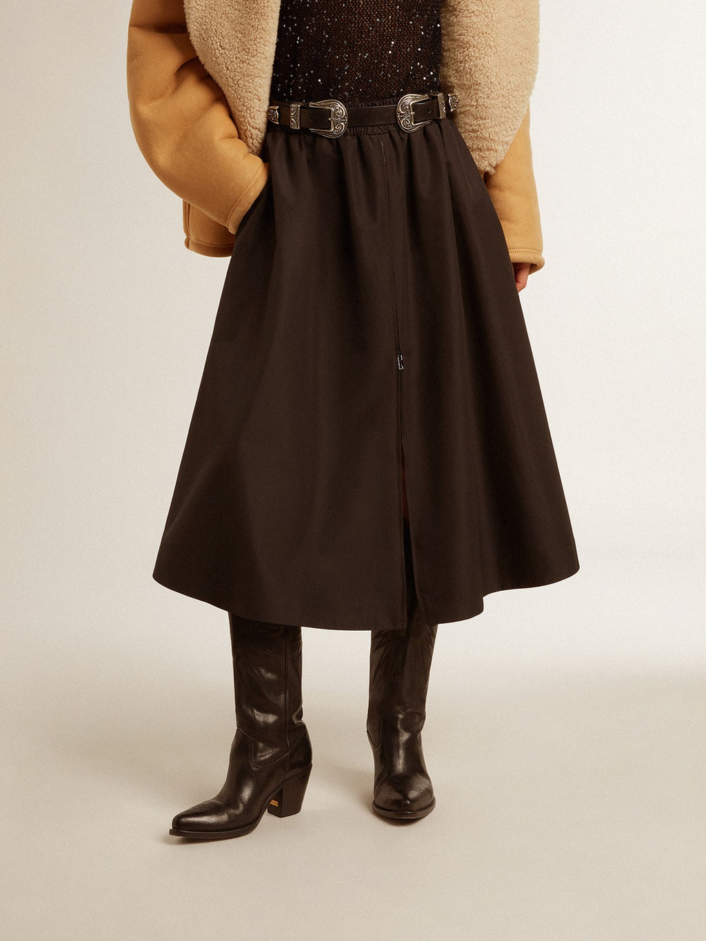 Flared skirt in black technical nylon