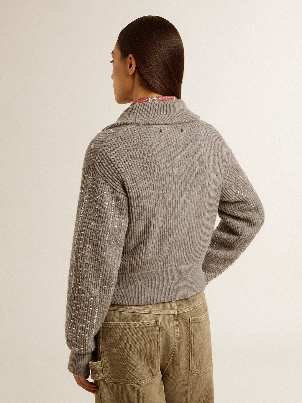 Women's cropped sweater in gray melange wool with sequins