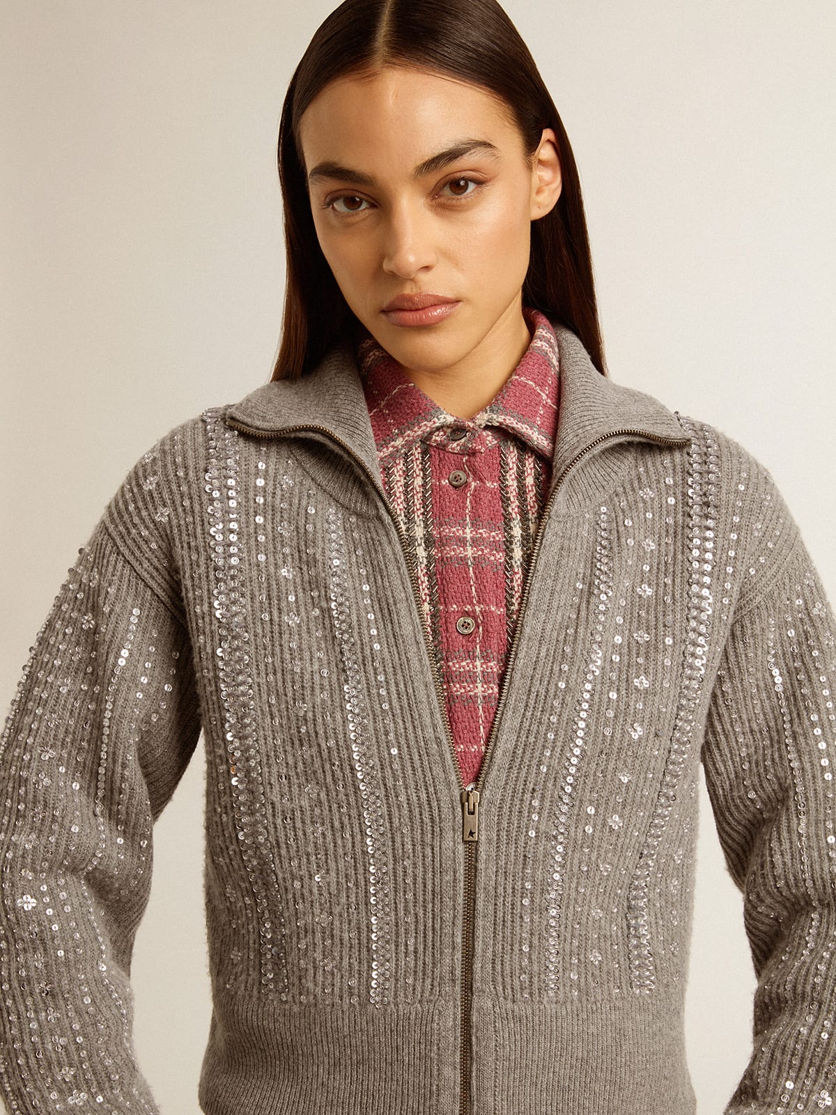 Women's cropped sweater in gray melange wool with sequins