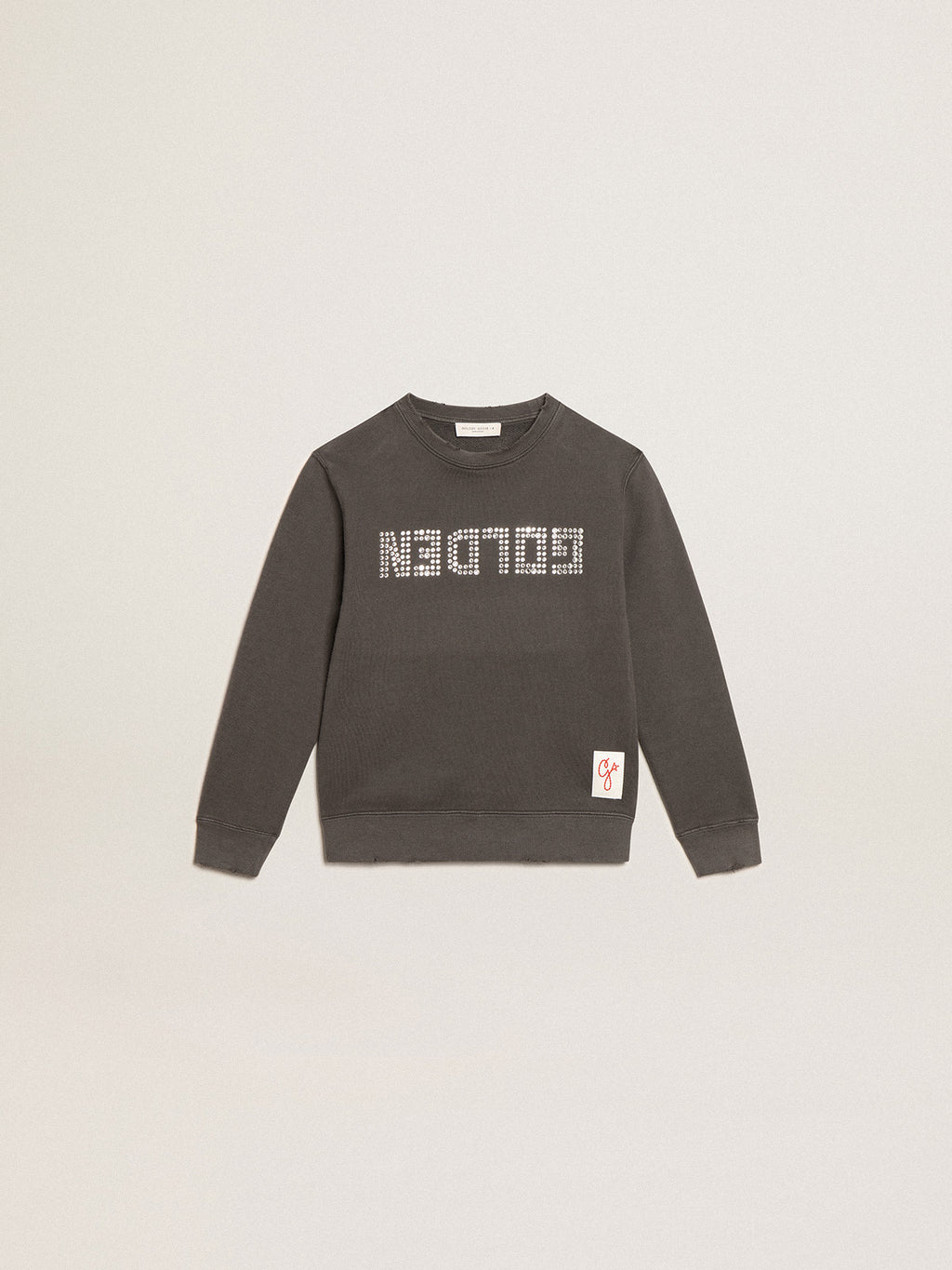 Distressed gray sweatshirt with crystal lettering| Golden Goose