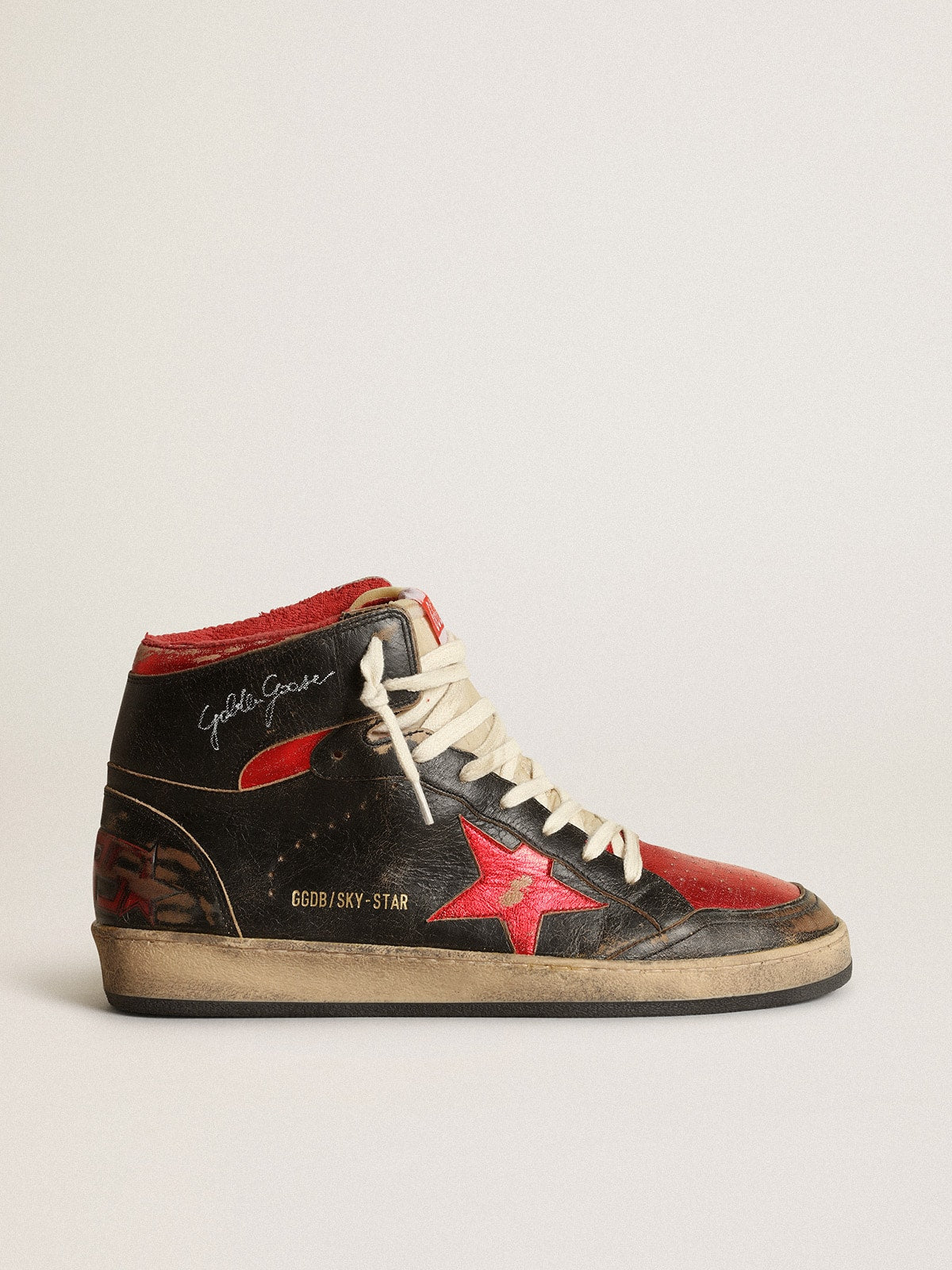 Men's Sky-Star in glossy black leather with red star| Golden Goose