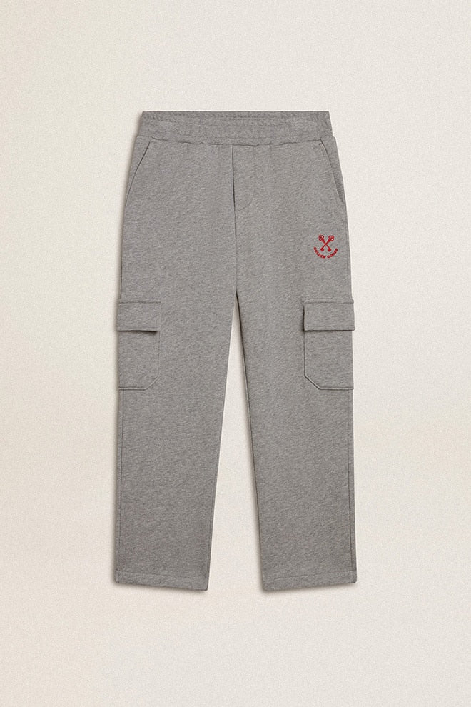 Gray melange cotton cargo joggers with embroidery| Golden Goose